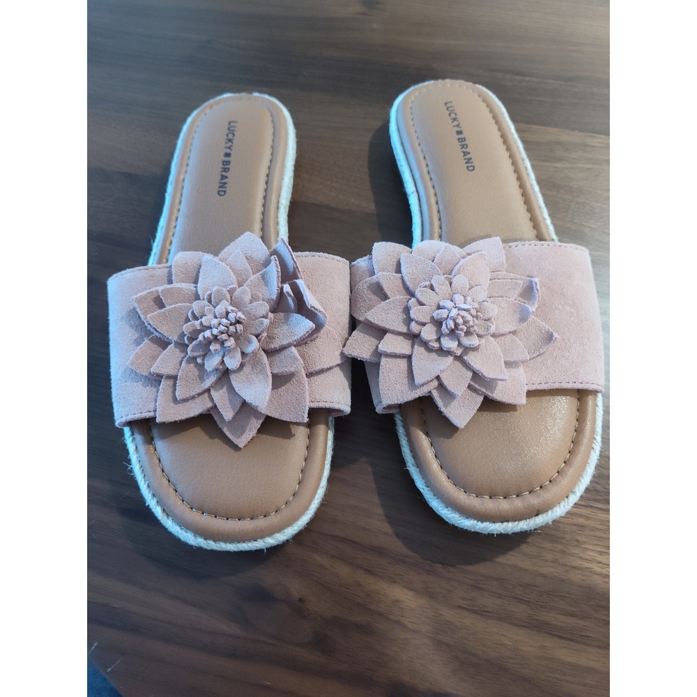 Lucky Brand Pink Flower Suede Espadrille Slide Sandals Womens Size 8 M 39 Flat